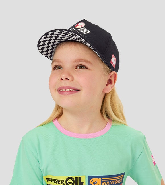 Girl wearing the MarioKart cap for kids