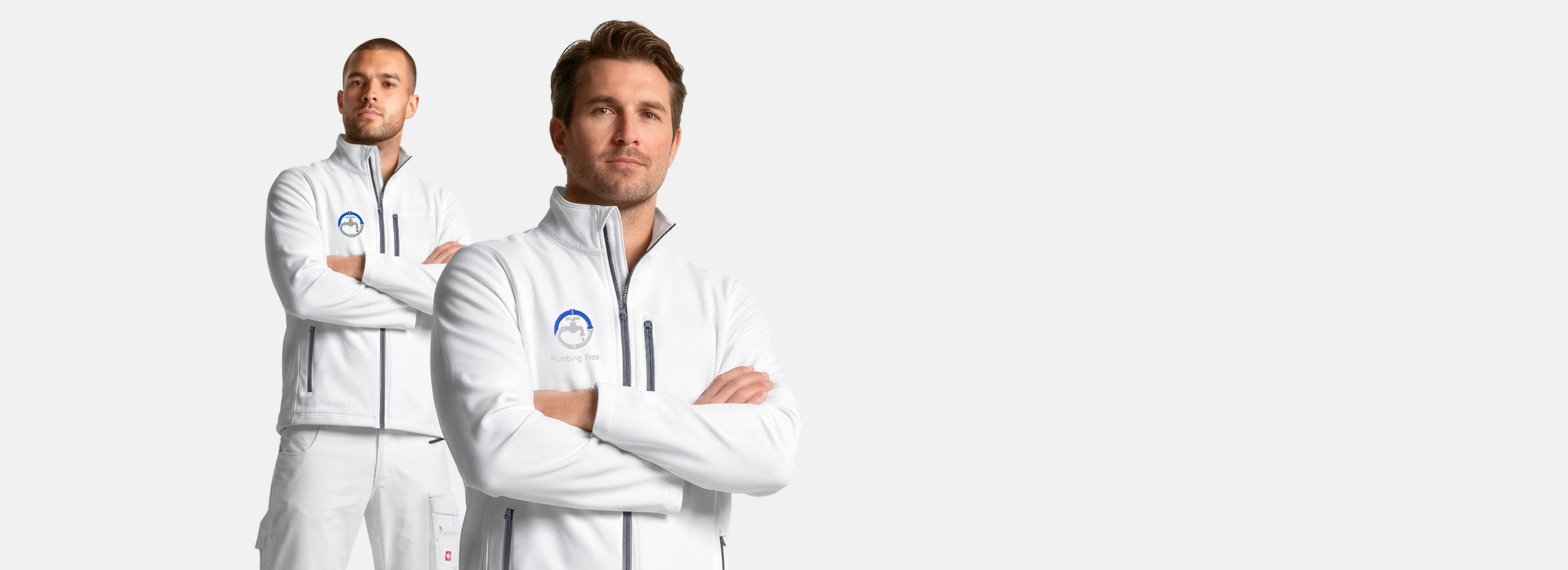 AI-generated / modified - Two men in white jackets and white trousers with folded arms against a light grey background.
