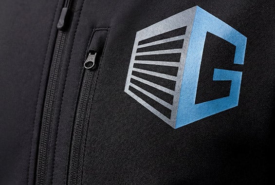 AI-generated / modified - Black jacket with zip and a blue-grey geometric print at chest height.