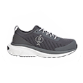 Chaussure à lacets gris foncé devant un cercle blanc.