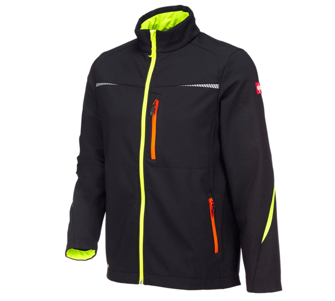 Main view, Topics, Softshell jacket e.s.motion 2020, black/high-vis yellow/high-vis orange