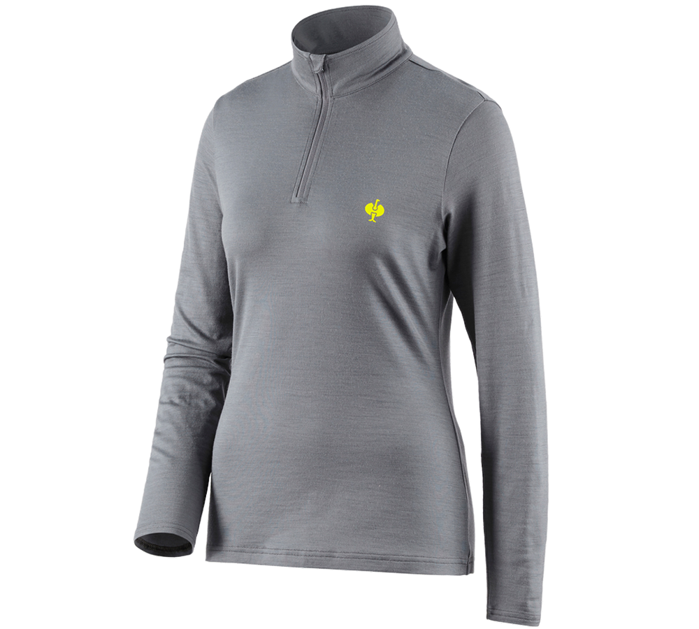 Hauts: Pull camionneur Merino e.s.trail, femmes + gris basalte/jaune acide