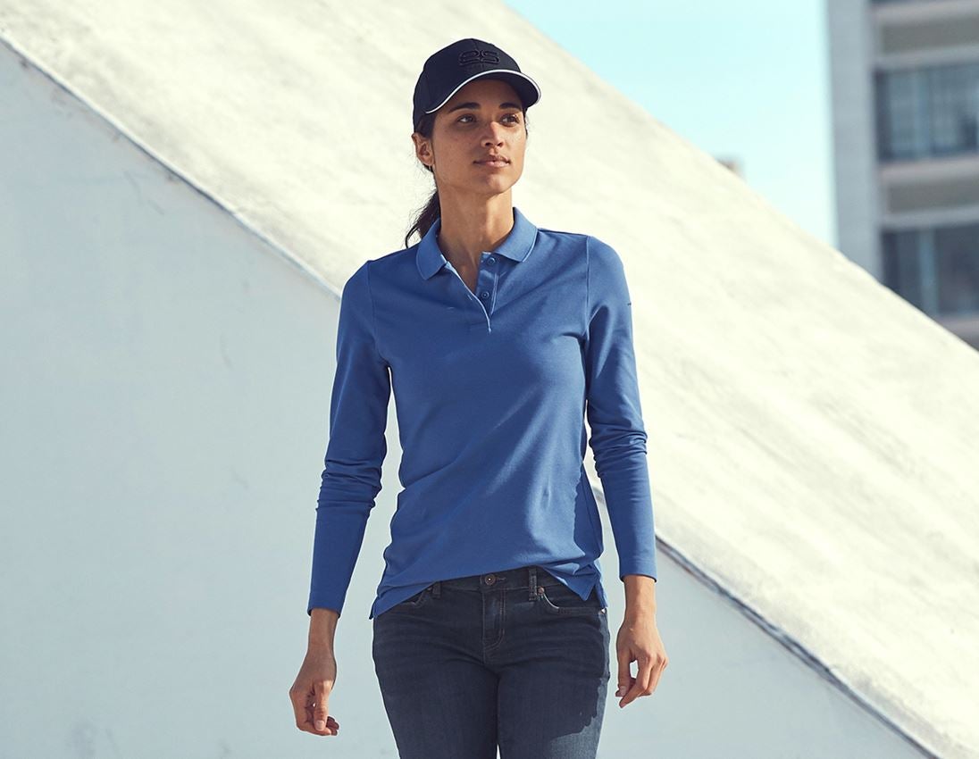 Hauts: e.s. Pique-Polo longsleeve cotton stretch,femmes + cobalt