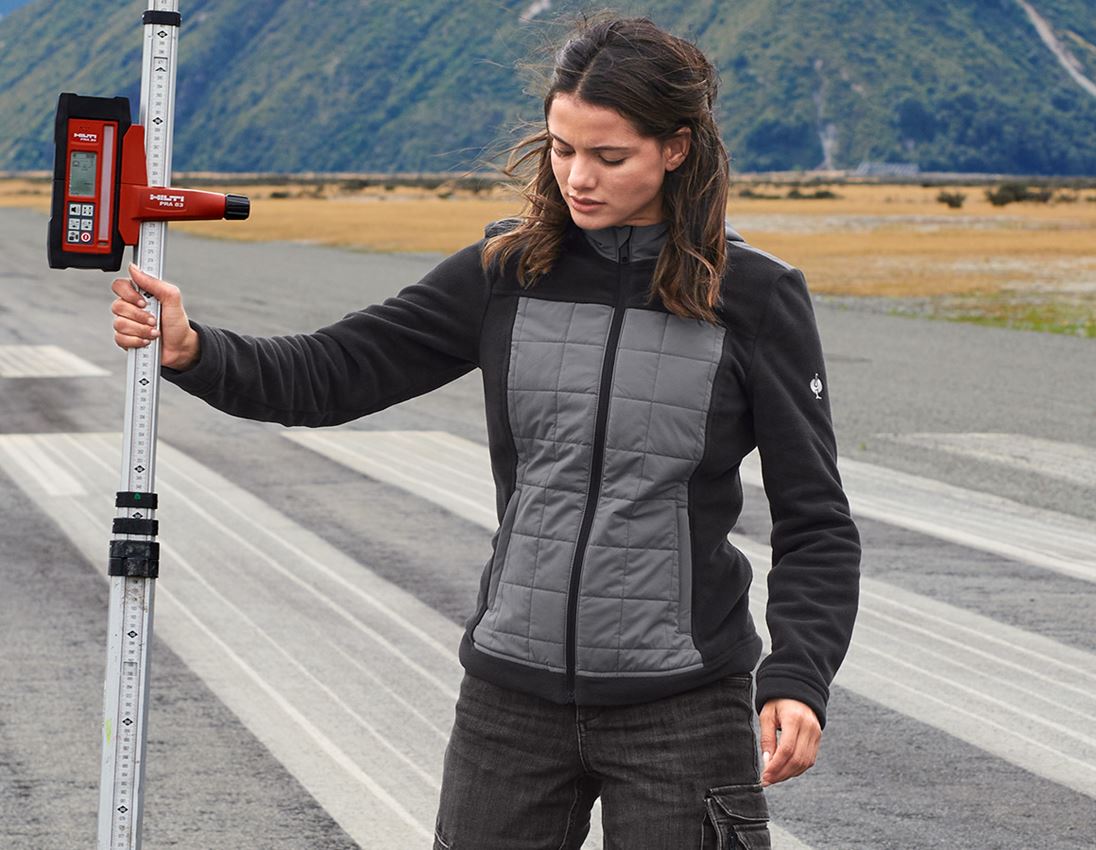 Work Jackets: Hybrid fleece hoody jacket e.s.concrete, ladies' + black/basaltgrey