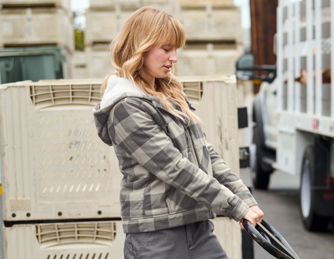 Vestes de travail: Veste à capuche à carreaux e.s.iconic, femmes + gris dauphin/gris carbone 1