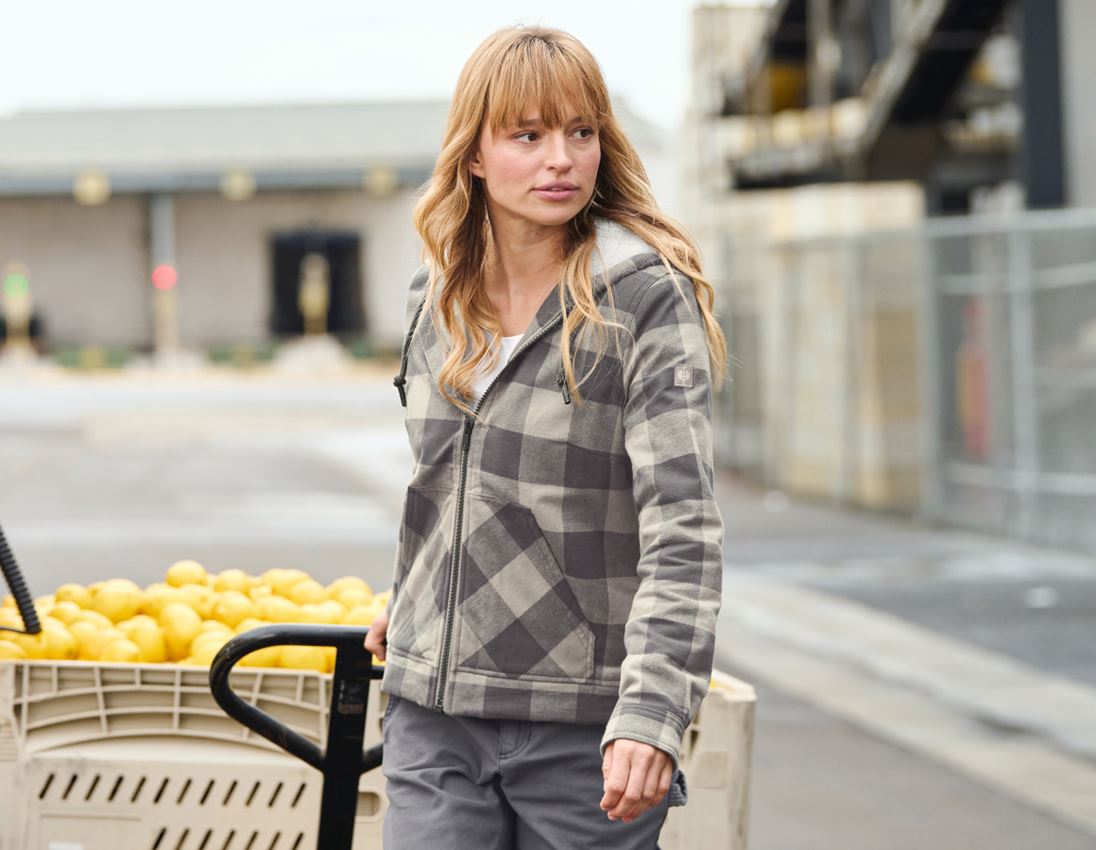 Vestes de travail: Veste à capuche à carreaux e.s.iconic, femmes + gris dauphin/gris carbone