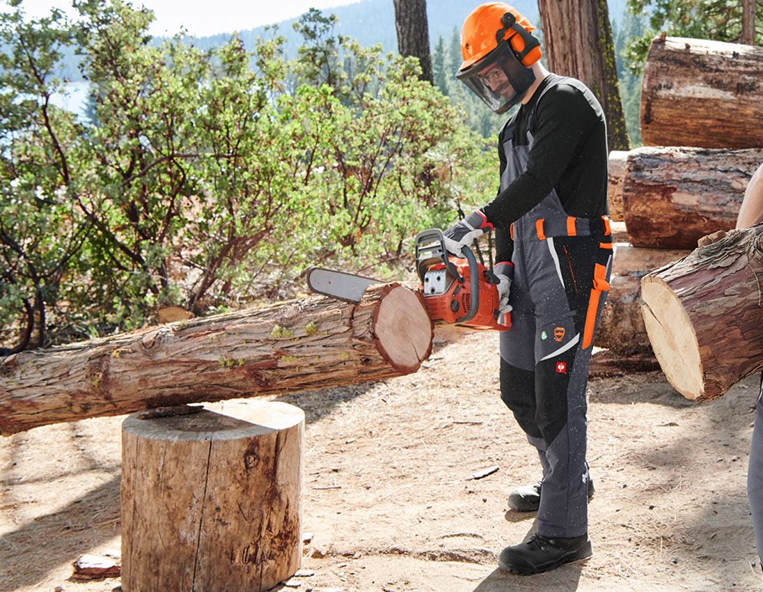 Work Trousers: e.s. Forestry cut protection bib & brace, KWF + grey/high-vis orange
