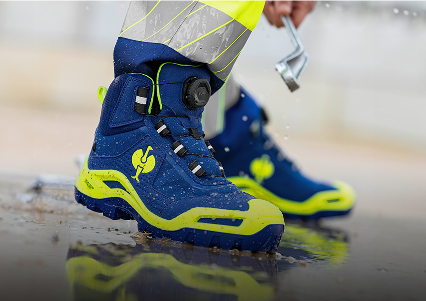 Matching safety shoes in royal/high-vis yellow
