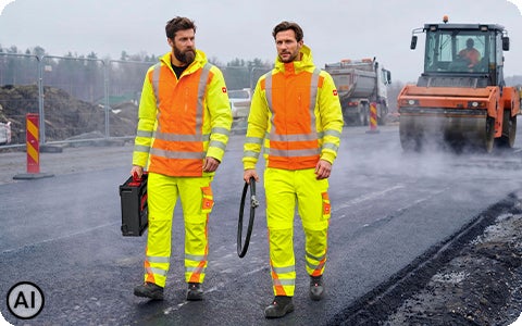Generato / modificato con l’IA – Due uomini indossano abbigliamento ad alta visibilità e.s.motion 2020, con un cantiere stradale sullo sfondo.