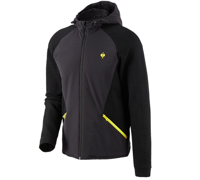 Vista principale, e.s.trail, Giacca ibrida in maglia con cappuccio e.s.trail, nero/giallo acido
