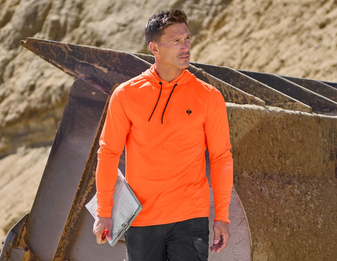 Shirts & Co.: Visibility Funktions Hoody-Longsleeve UV e.s.trail + warnorange/schwarz