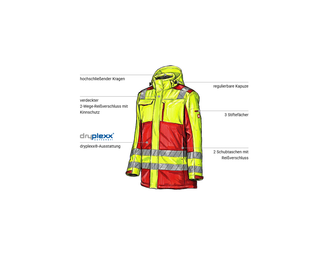 Arbeitsjacken: Warnschutz Winter Softshellparka e.s.motion 24/7 + rot/warngelb 1