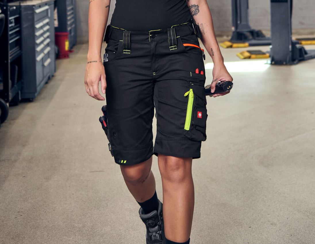 Pantaloni da lavoro: Short e.s.motion 2020, donna + nero/giallo fluo/arancio fluo