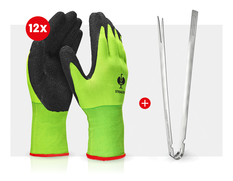 Hoofdaanzicht, Arbeidsveiligheid, 12x Gebreide latex handscho. Senso Grip + BBQ-tang