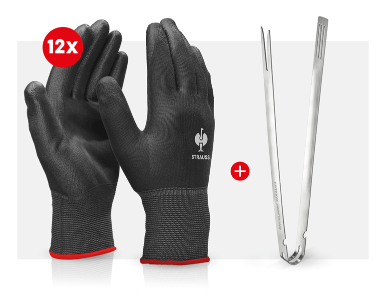 Hoofdaanzicht, Arbeidsveiligheid, 12x PU-microhandschoenen + e.s. BBQ-tang, zwart
