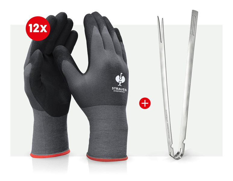 Hoofdaanzicht, Arbeidsveiligheid, 12x Nitril handschoenen evertouch micro + BBQ-tang, zwart/grijs