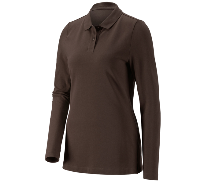 Hoofdaanzicht, Longsleeves, e.s. Pique-Polo longsleeve cotton stretch,dames, kastanje