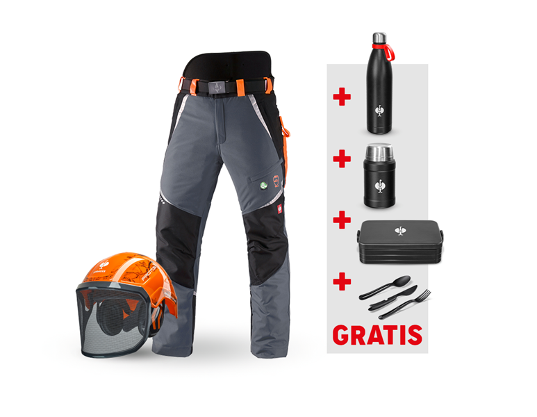 Hoofdaanzicht, Kleding, SET: e.s. bosbouwwerkbroek KWF + helm, grijs/signaaloranje