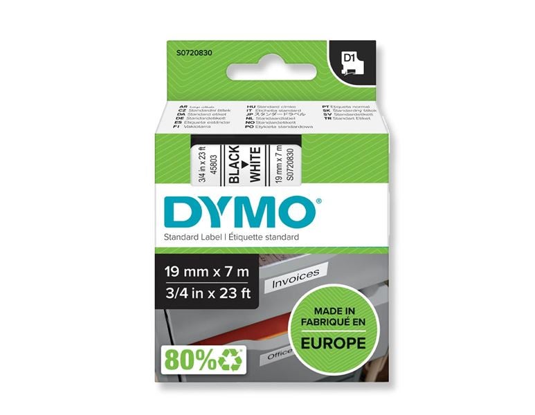 Hoofdaanzicht, Labelen, DYMO D1 labeltape, 19 mm, wit/zwart