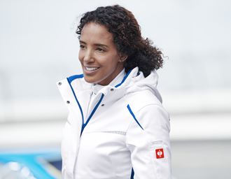 Aanzicht 3, Winter­ softshell­jack e.s.​motion 2020, dames, wit/gentiaanblauw