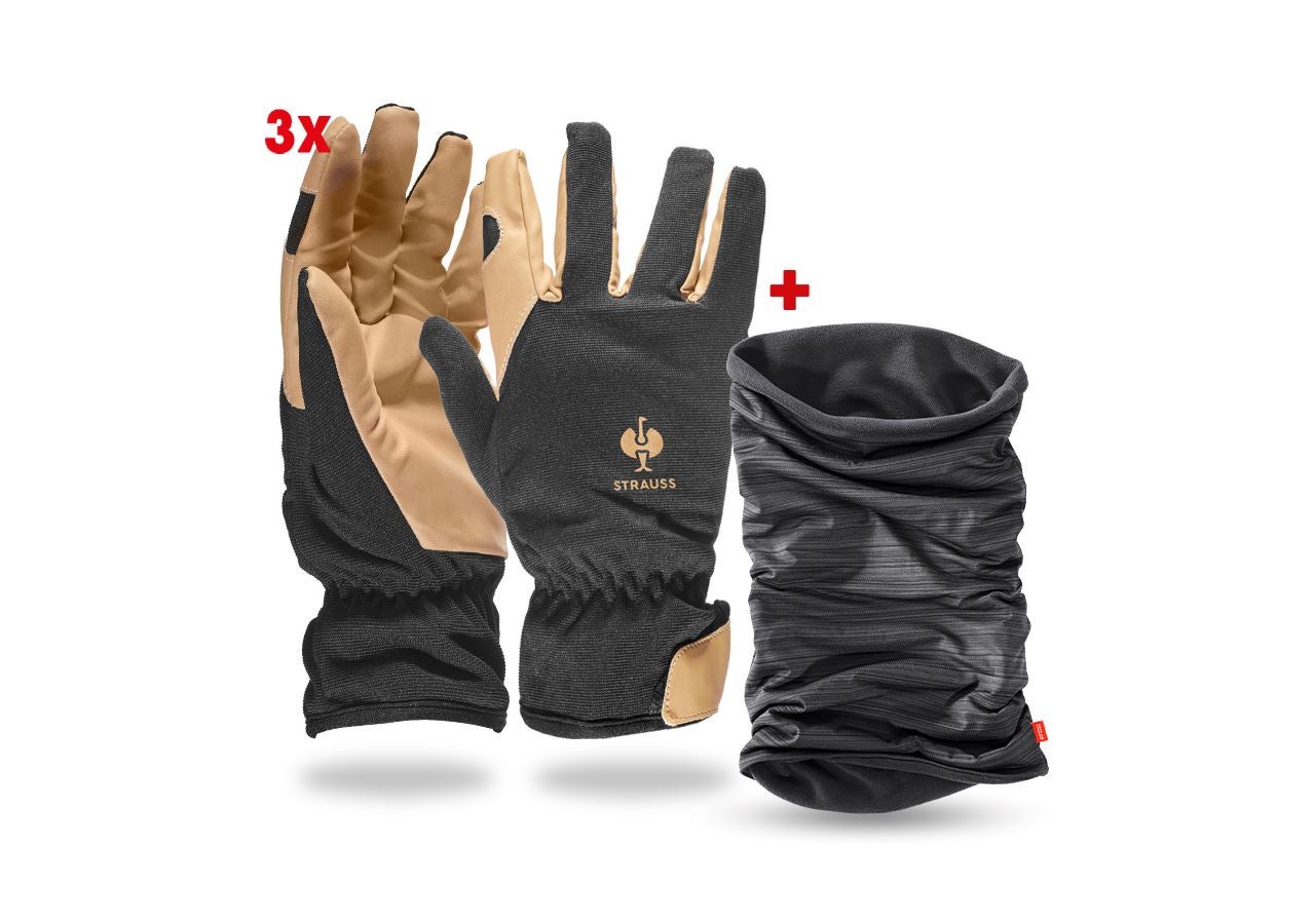Sets | Accessoires: 3x Montage-winterhandschoenen+ e.s.Multifunc. doek + zwart/bruin