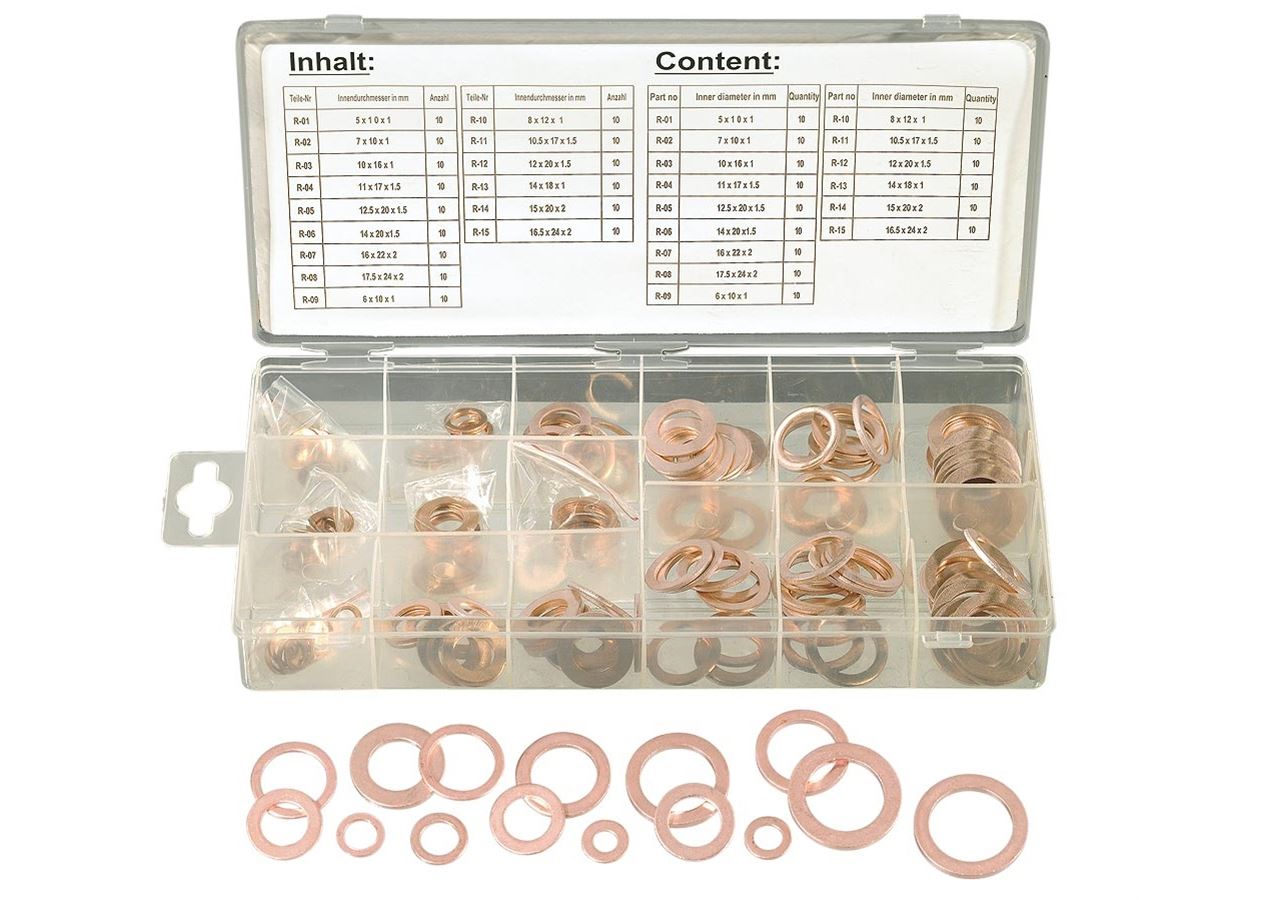 Assortiment kleine onderdelen: Assortiment koperen afdichtringen