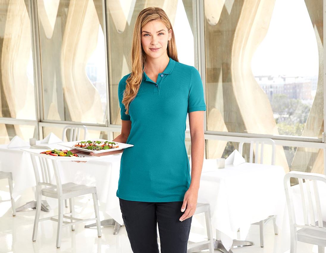 Bovenkleding: e.s. Pique-Polo cotton stretch, dames, long fit + oceaan