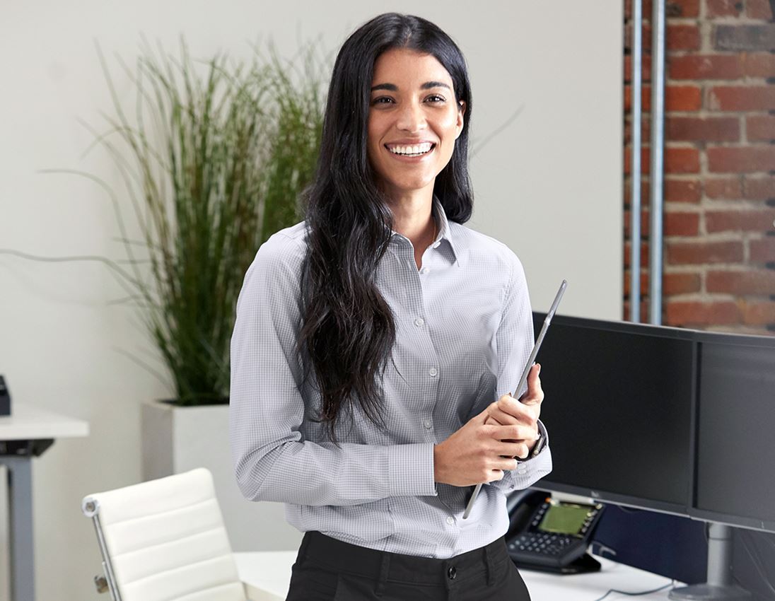 Bovenkleding: e.s. Business-blouse cotton stretch dames reg. fit + nevelgrijs geruit