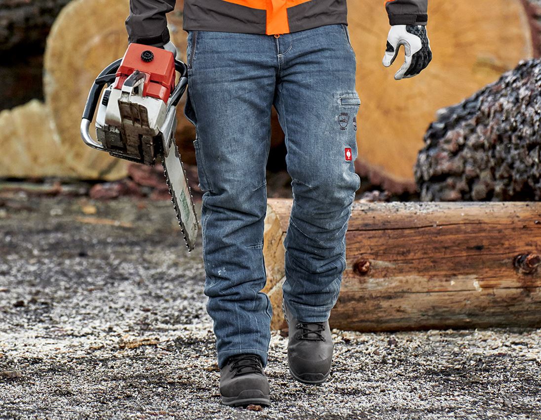Werkbroeken: e.s. bosbouwjeans met snijbescherming + stonewashed