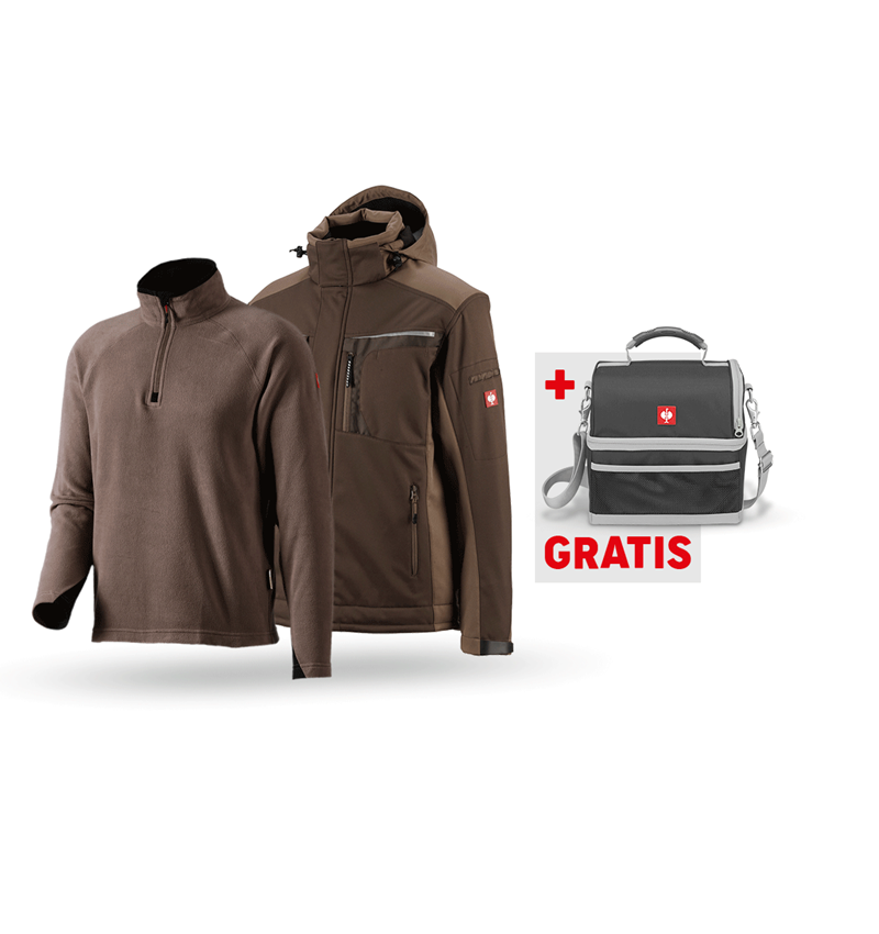 Kleding: SET:Softshelljack e.s.motion+microfl.schipperstrui + kastanje/hazelnoot