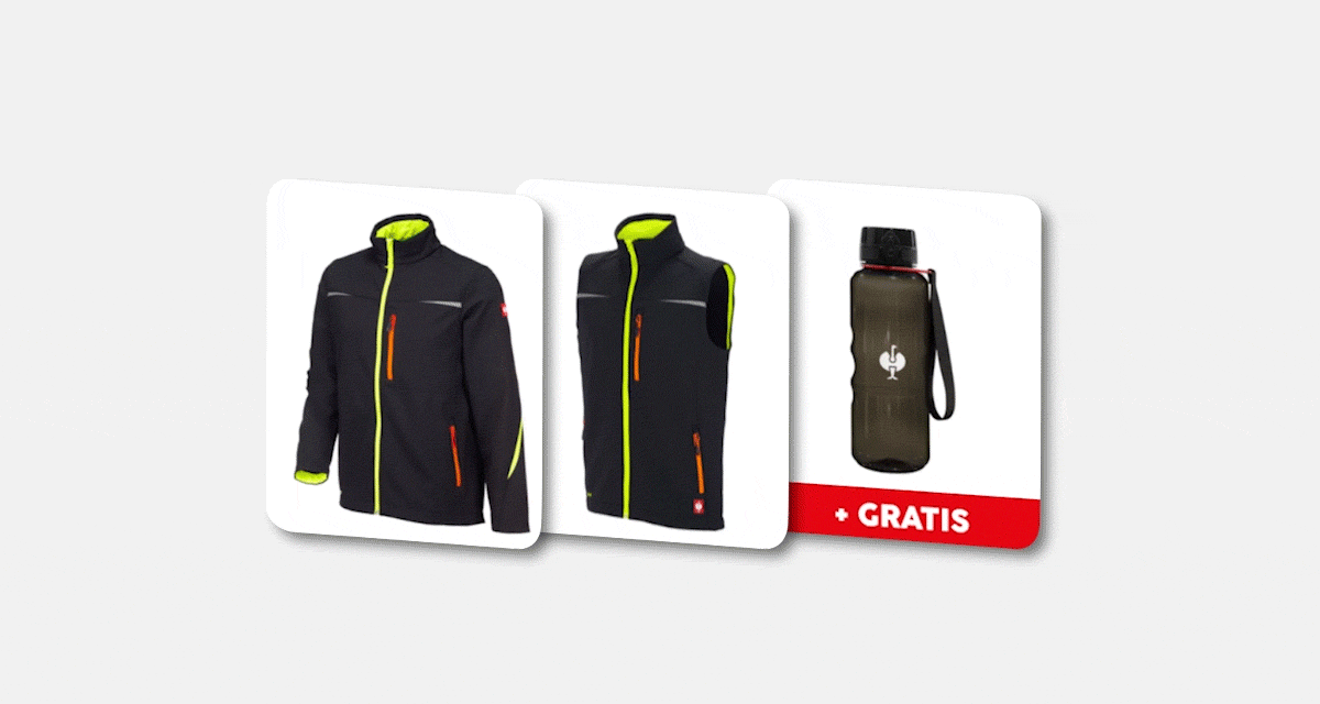 Animatie van setconfiguratie: 2x jack en/of bodywarmer e.s.motion 2020 in verschillende kleuren met gratis artikel