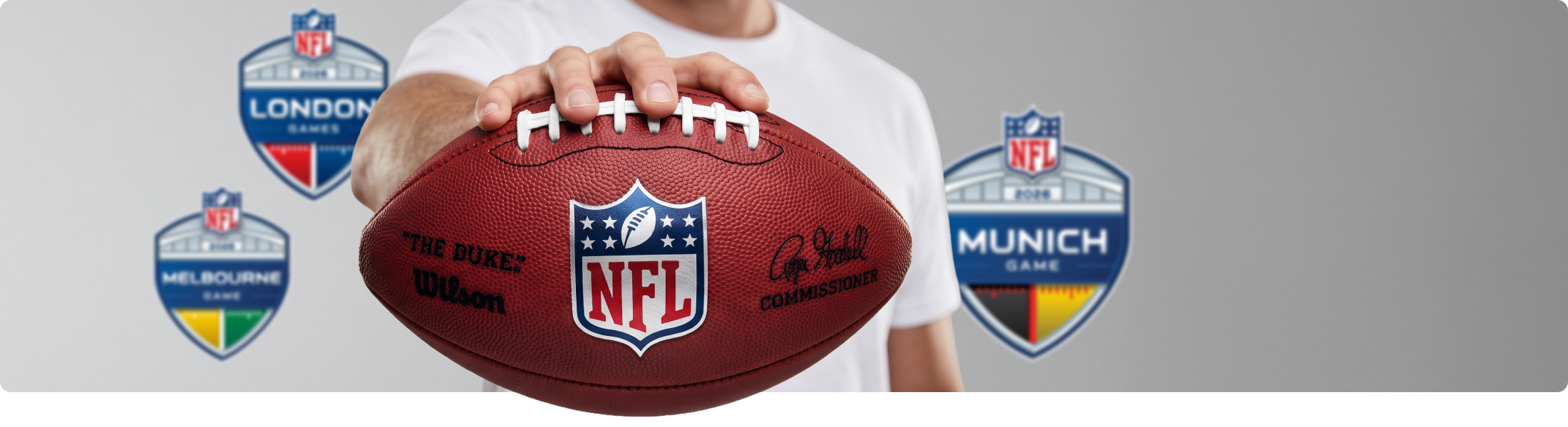 Door AI gegenereerd / bewerkt: Een persoon houdt een NFL-football vast voor logo’s van internationale NFL-wedstrijden.