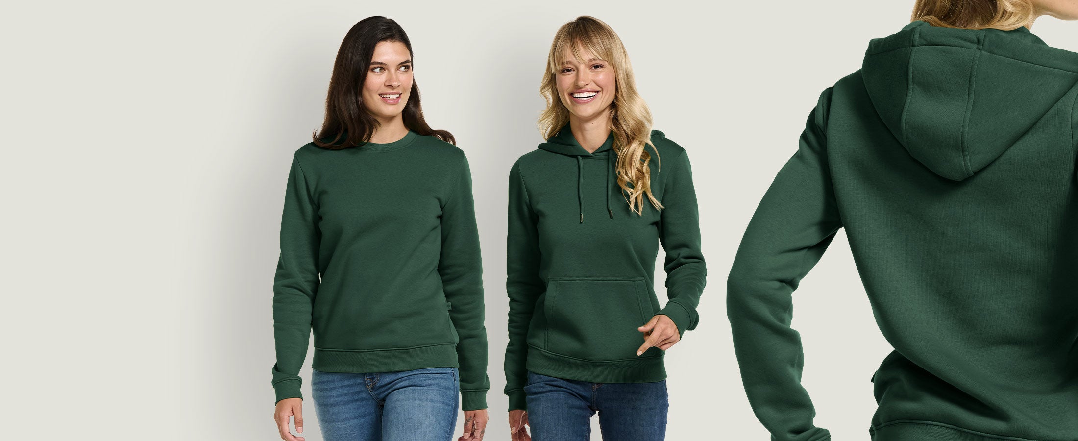 Modelki mają na sobie nowe ubrania typu basic w kolorze zielonym.