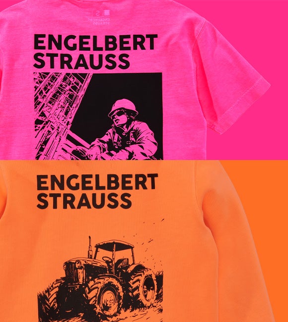 Zdjęcie reklamowe koszulki w stylu vintage w kolorze żółtym neonowym.  Na plecach widoczny jest modny nadruk z napisem engelbert strauss.