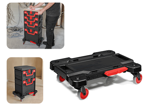 Black dolly with red casters for stacked STRAUSSboxes, shown individually and in use with box tower mounted on top