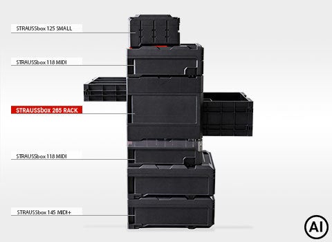AI-genererad / modifierad – STRAUSSbox-torn med STRAUSSbox 265 Rack, STRAUSSbox 118 midi, STRAUSSbox 125 small och STRAUSSbox 145 mid+
