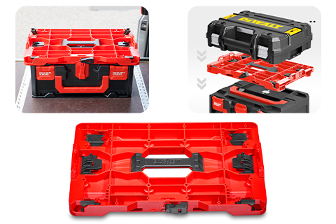 Red adapter plate for tool case systems, shown individually and in use with compatible boxes