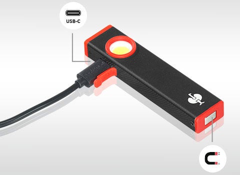 USB-kabel anslutet till lampa, med markeringar för USB-C-anslutning och magnet