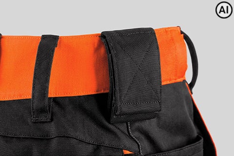 AI generated / modified – hook-and-loop element on the trousers for attaching the worker pocket