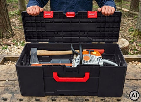 AI-generated / modified – person holding the lid of the open STRAUSSbox 340 maxi, filled with forestry tools