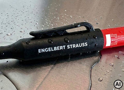 AI-generated / modified – black-red splash-water-protected permanent hole marker on a wet metal surface with water droplets