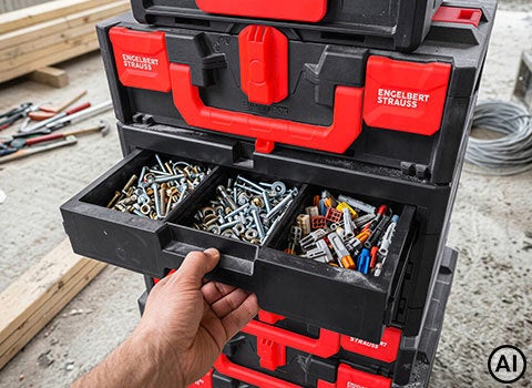 AI-generated / modified – STRAUSSbox 265 Rack drawer with small parts
