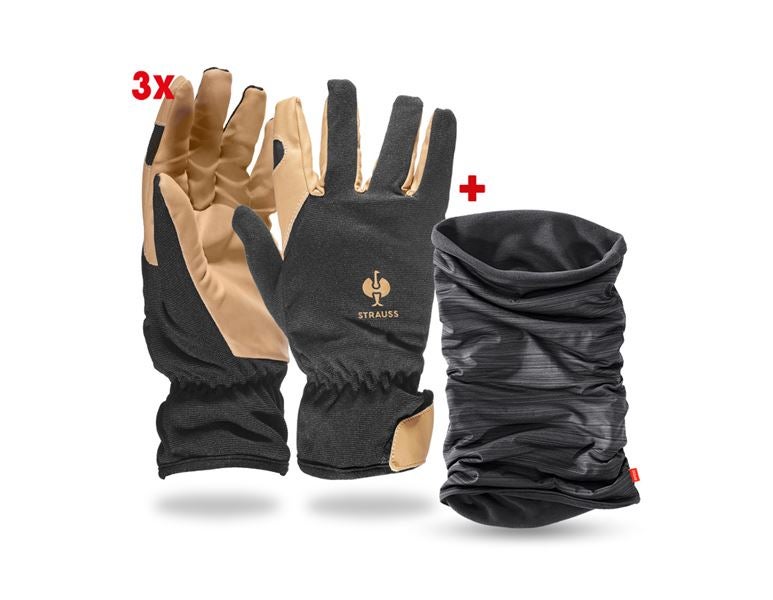 Main view, Personal Protection, 3x Assembly winter gloves+ e.s. Multifunct. scarf, black/brown