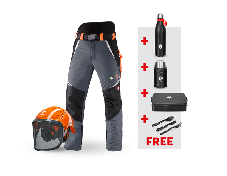Main view, SALE, SET: e.s. Forestry cut prot. trousers KWF + helmet, grey/high-vis orange