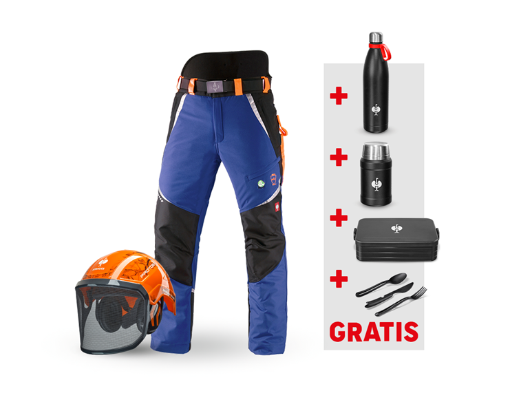 Huvudvy, Kläder, SET: e.s. skärskyddsmidjebyxa f. skogsb. KWF+hjälm, kornblå/varselorange