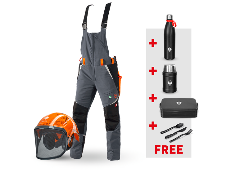 Main view, Clothing, SET: e.s. Forestry cut prot. bib&brace KWF+ helmet, grey/high-vis orange