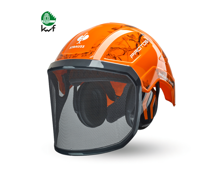 Main view, Head Protectors, e.s. Forestry helmet Protos®, high-vis orange woodprint