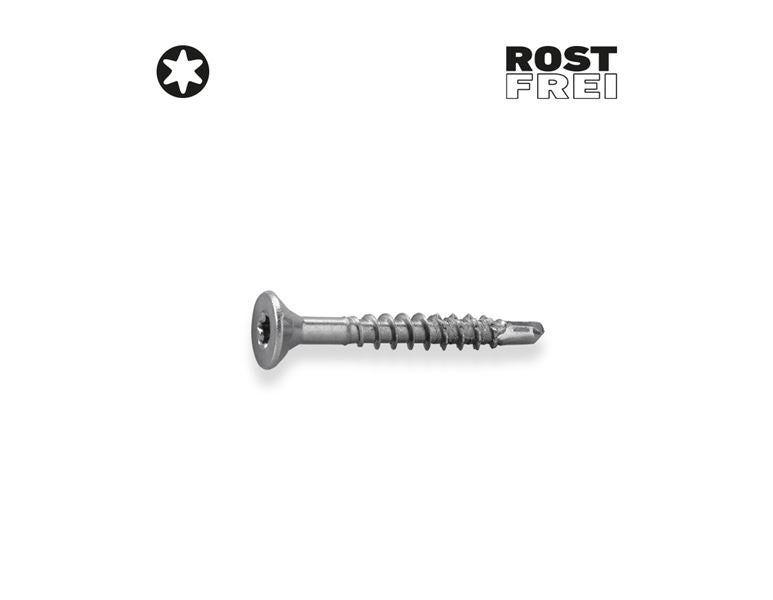 Huvudvy, Skruvar, Träbyggskruv i rostfritt stål-plus+sänkhuvud+borr.