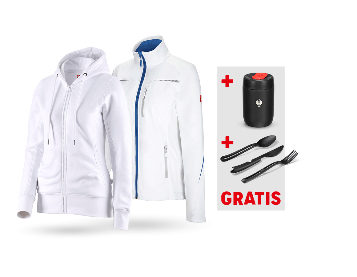 Kläder: SET: Softshelljacka + Hoody-Sweatjacka, dam + vit/gentianablå