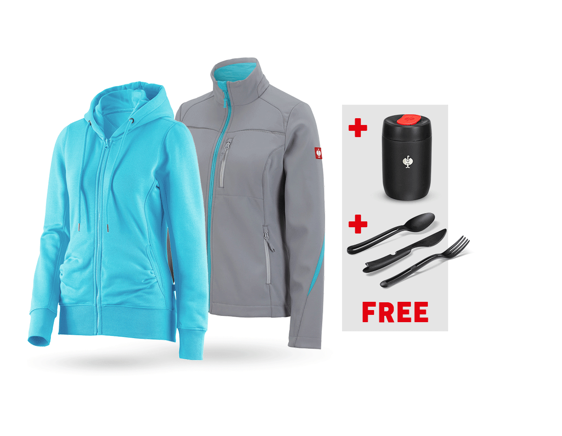 Larger gifts: SET: Softshell jacket + Hoody sweatjacket, ladies' + platinum/capri